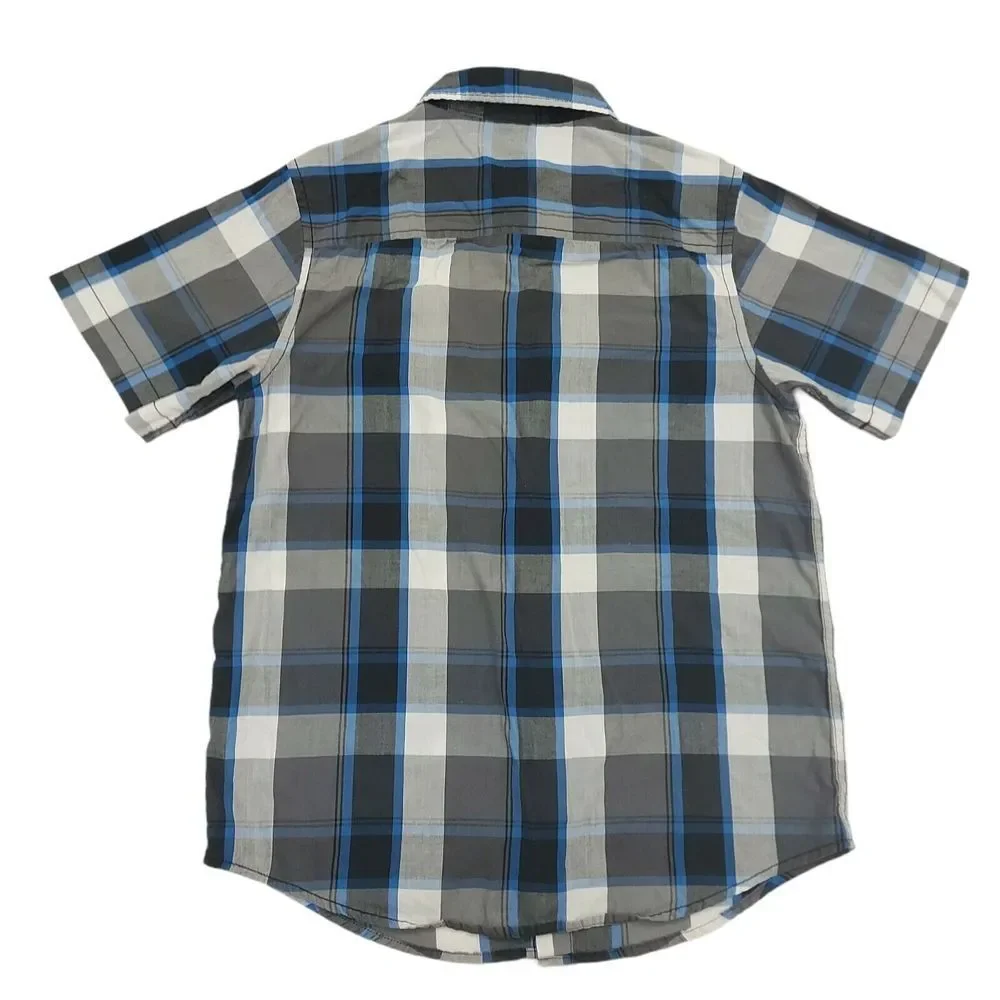 Hawk Plaid Shirt Youth XL 14-16 Gray Button Up Short Sleeve Casual